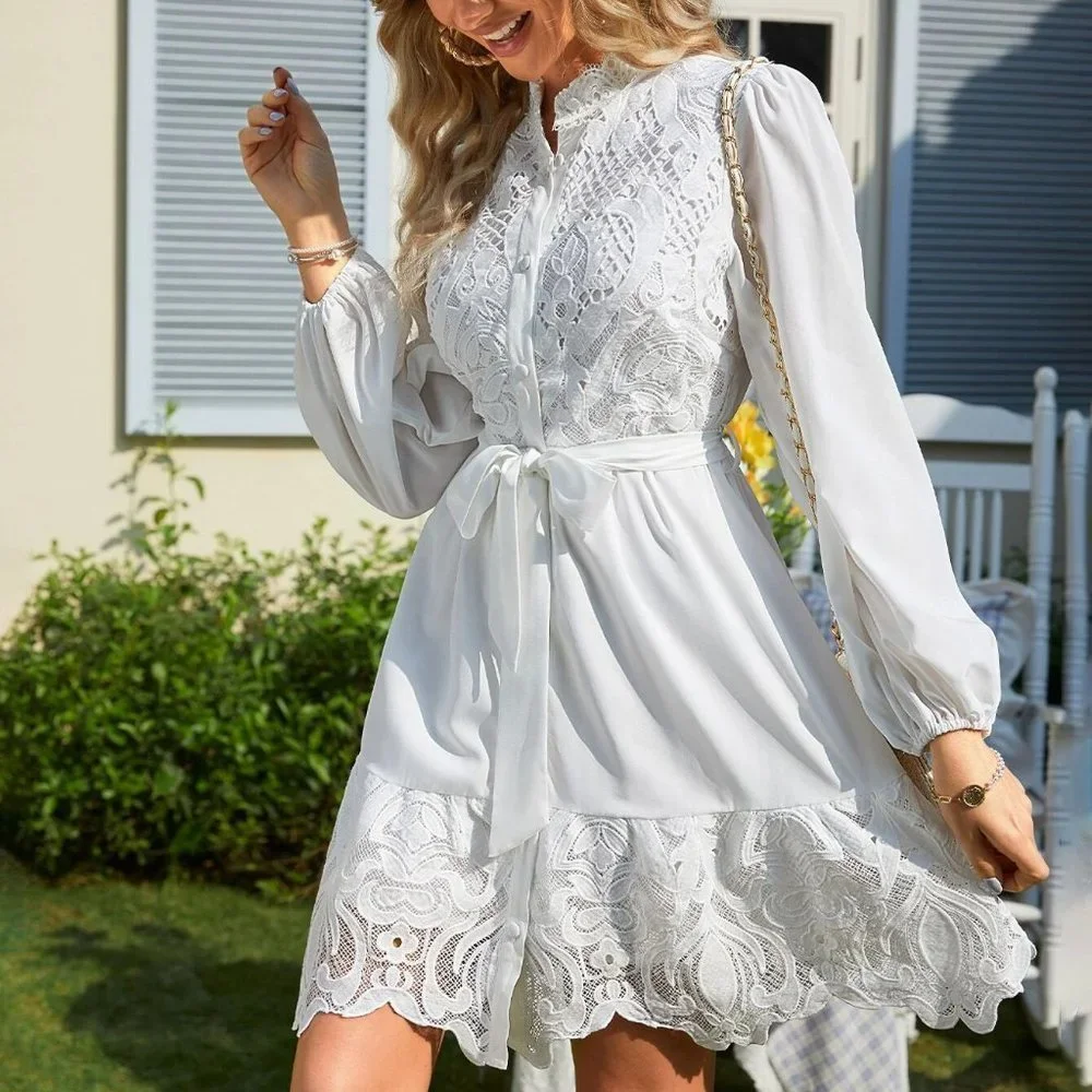 Lace detailed Lantern Sleeve Belted Dress White - Picture 2 of 5